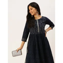 SHOWOFF Women Navy Blue Floral Embroidered Tiering Kurta-picture-40
