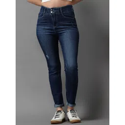 SHOWOFF Women Navy Blue Jean Skinny Fit High-Rise Mildly Distressed Light Fade Stretchable Jeans-picture-19
