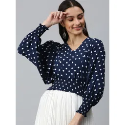 SHOWOFF Women Navy Blue Printed Smocked Crepe Wrap Crop Top-picture-17