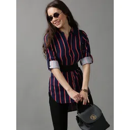 SHOWOFF Women Navy Blue Striped Casual Shirt-picture-23
