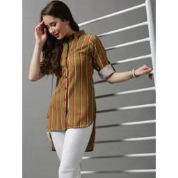 SHOWOFF Women Olive Green Slim Fit Striped Casual Shirt-picture-24