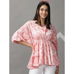 SHOWOFF Women Orange Floral Print Extended Sleeves Crepe Empire Top-picture-16