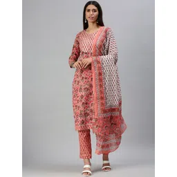 SHOWOFF Women Peach-Coloured Ethnic Motifs Printed Gotta Patti Kurta with Trousers & With Dupatta-picture-14
