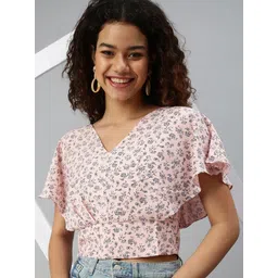 SHOWOFF Women Peach-Coloured Floral Print Crepe Wrap Crop Top-picture-28