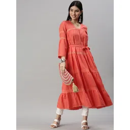 SHOWOFF Women Peach-Coloured Striped Bell Sleeves Square Neck Anarkali Kurta-picture-34