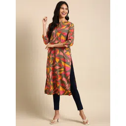 SHOWOFF Women Pink & Yellow Printed Kurta-picture-26