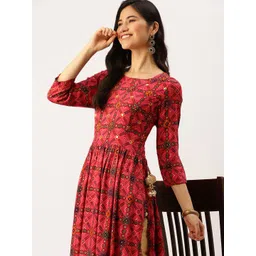 SHOWOFF Women Pink Ethnic Motifs Printed Mirror Work Anarkali Kurta-picture-19