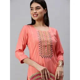 SHOWOFF Women Pink Striped Three-Quarter Sleeves Round Neck Zari Kurta-picture-23