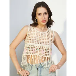 SHOWOFF Women Self Design Sleeveless Crochet Crop Top-picture-31