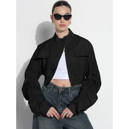 SHOWOFF Women Stand Collar Solid Lightweight Casual Bomber-picture-20
