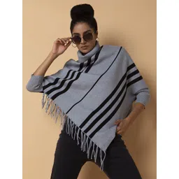 SHOWOFF Women Striped Longline Poncho with Fringed Detail-picture-32