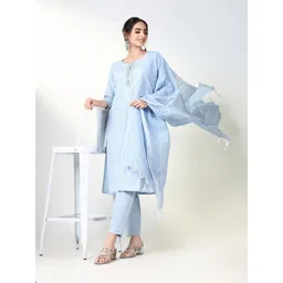 SHOWOFF Women Striped Regular Kantha Work Kurta with Trousers & With Dupatta-picture-24