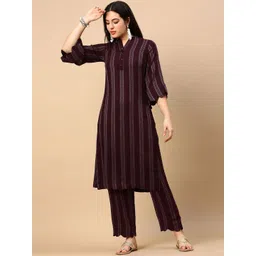 SHOWOFF Women Striped Regular Kurta with Trousers-picture-12