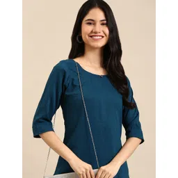 SHOWOFF Women Teal Chanderi Cotton Kurta with Trousers-picture-13