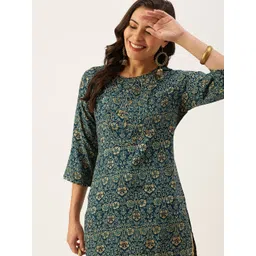 SHOWOFF Women Teal Ethnic Motifs Printed Floral Kurta-picture-35