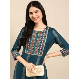 SHOWOFF Women Teal Printed Thread Work Kurta with Trousers-picture-28