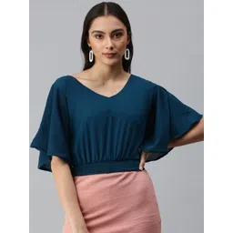 SHOWOFF Women Teal Smocked Crepe Blouson Crop Top-picture-20