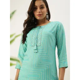 SHOWOFF Women Turquoise Blue Geometric Printed Pastels Kurta-picture-36