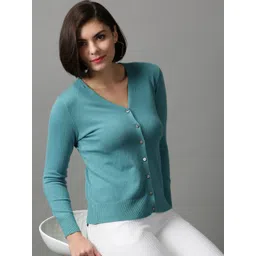SHOWOFF Women Turquoise Blue Wool Cardigan-picture-11