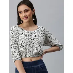 SHOWOFF Women White Geometric Print Georgette Styled Back Crop Top image 1