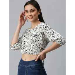 SHOWOFF Women White Geometric Print Georgette Styled Back Crop Top image 3