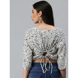 SHOWOFF Women White Geometric Print Georgette Styled Back Crop Top image 5