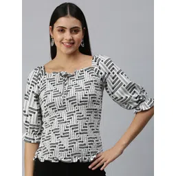 SHOWOFF Women White Geometric Print Monochrome Crepe Top-picture-10