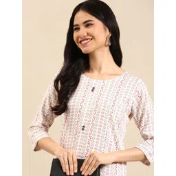 SHOWOFF Women White Geometric Printed Round Neck Straight Kurta-picture-12