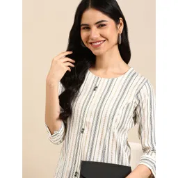 SHOWOFF Women White Geometric Striped StraightKurta-picture-11