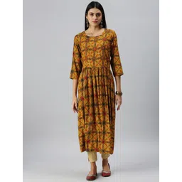 SHOWOFF Women Yellow Ethnic Motifs Printed Thread Work Kurta-picture-19