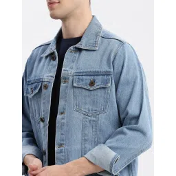 showoffff SHOWOFF Blue Denim Slim Fit Solid Jacket image 5