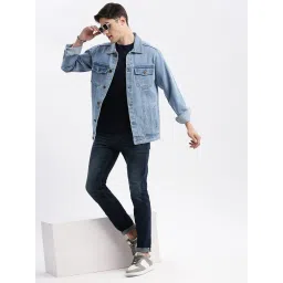 showoffff SHOWOFF Blue Denim Slim Fit Solid Jacket image 4
