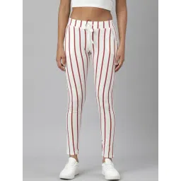 SHOWOFF Maroon & White Striped Mid Rise Trackpants-image-4