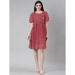 SHOWOFF Maroon Floral Print Fit & Flare Dress-image-38