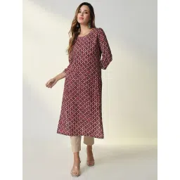 SHOWOFF Maroon Printed Kurta-image-1