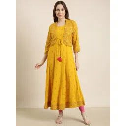 SHOWOFF Mustard Floral Print Anarkali Kurta With Jacket-image-34