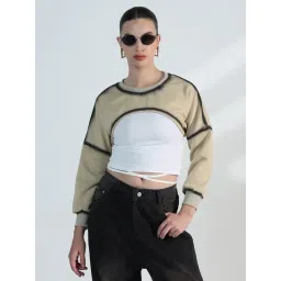 SHOWOFFFF Beige Cotton Relaxed Fit Crop Top With Inner Tank Top-picture-40