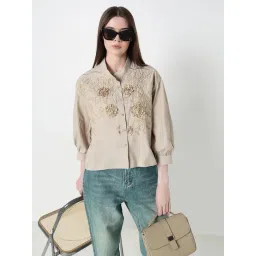 SHOWOFFFF Beige Cotton Relaxed Fit Embroidered Shirt-picture-12