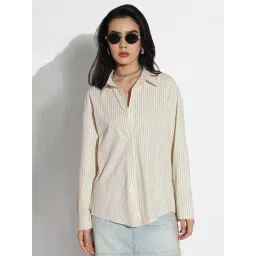 SHOWOFFFF Beige Cotton Relaxed Fit Striped Shirt-picture-13