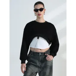 SHOWOFFFF Black Cotton Relaxed Fit Crop Top With Inner Tank Top-picture-34