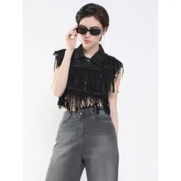 SHOWOFFFF Black Embellished Crop Denim Jacket-picture-13