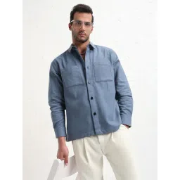 SHOWOFFFF Blue Cotton Slim Fit Solid Shacket-picture-35