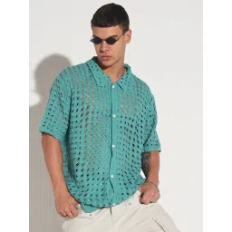SHOWOFFFF Blue Relaxed Fit Crochet Shirt-picture-17