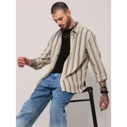 SHOWOFFFF Cream Cotton Regular Fit Striped Shacket-picture-26