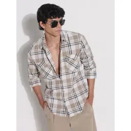 SHOWOFFFF Cream Cotton Relaxed Fit Checks Shirt-picture-11