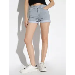 SHOWOFFFF Grey Denim Slim Fit Shorts-image-6