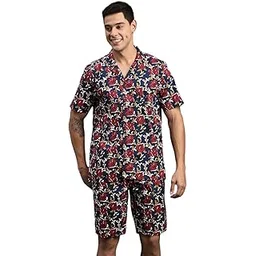 showoffff Men's Printed Cuban Collar Navy Blue Relaxed Fit Co-Ords Set-Lucas-3131_NavyBlue-picture-18
