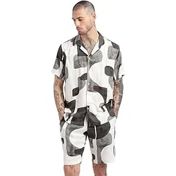 showoffff Men's Short Sleeves Abstract Cuban Collar White Co-Ords Set-John-2395_White-picture-34