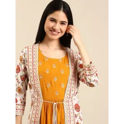 SHOWOFFFF Mustard Cotton Embroidered A Line Kurta With Jacket-picture-31