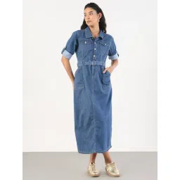 showoffff SHOWOFF Blue Cotton Solid Midi Dress With Belt-picture-39